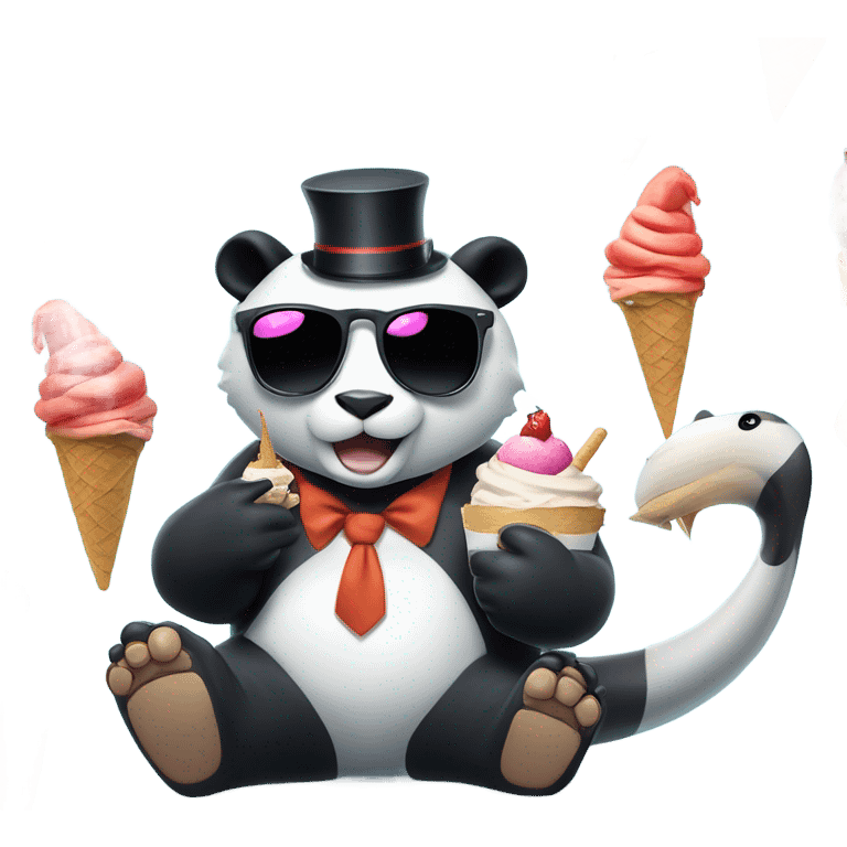 Cat with sunglasses sitting next to panda eating ice cream on top of a shark with a top hat emoji