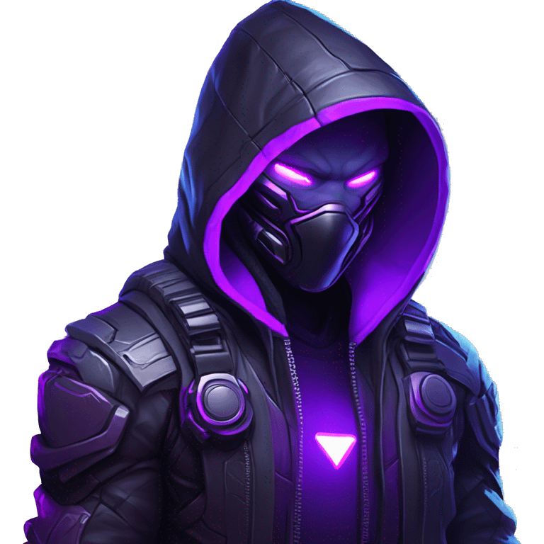 developer behind his laptop with this style : crysis Cyberpunk Valorant neon glowing bright purple character purple violet black hooded assassin themed character emoji