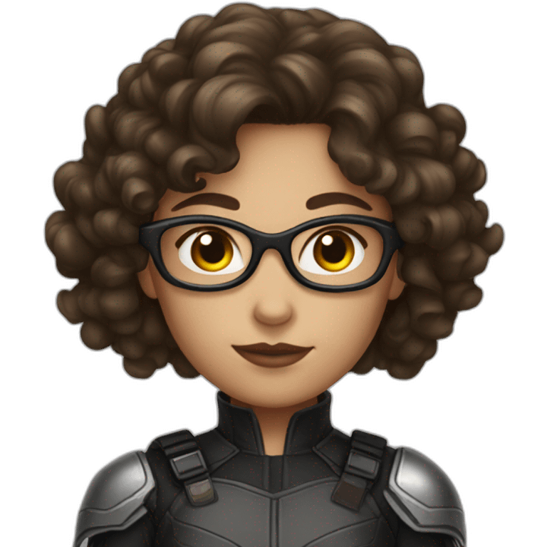 a girl dressed as a brunette avenger with long curly hair with glasses emoji