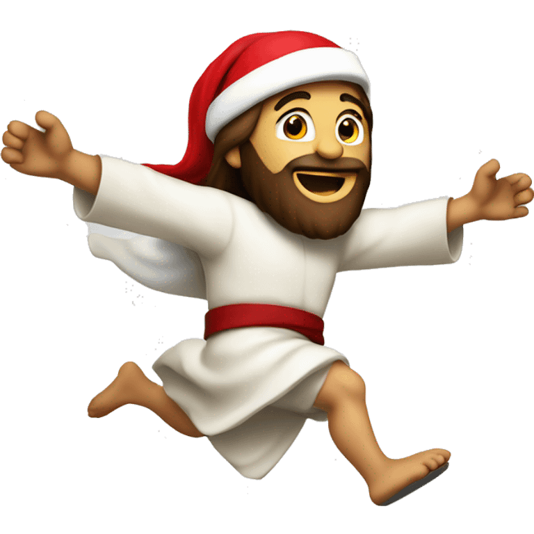 Jesus running, with a large stride and arms outstretched, santa hat emoji