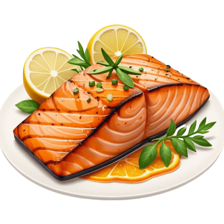 Cinematic perfectly grilled salmon, rich orange hues with crispy skin, garnished with fresh herbs, drizzled with lemon, ultra-detailed and delicious. emoji