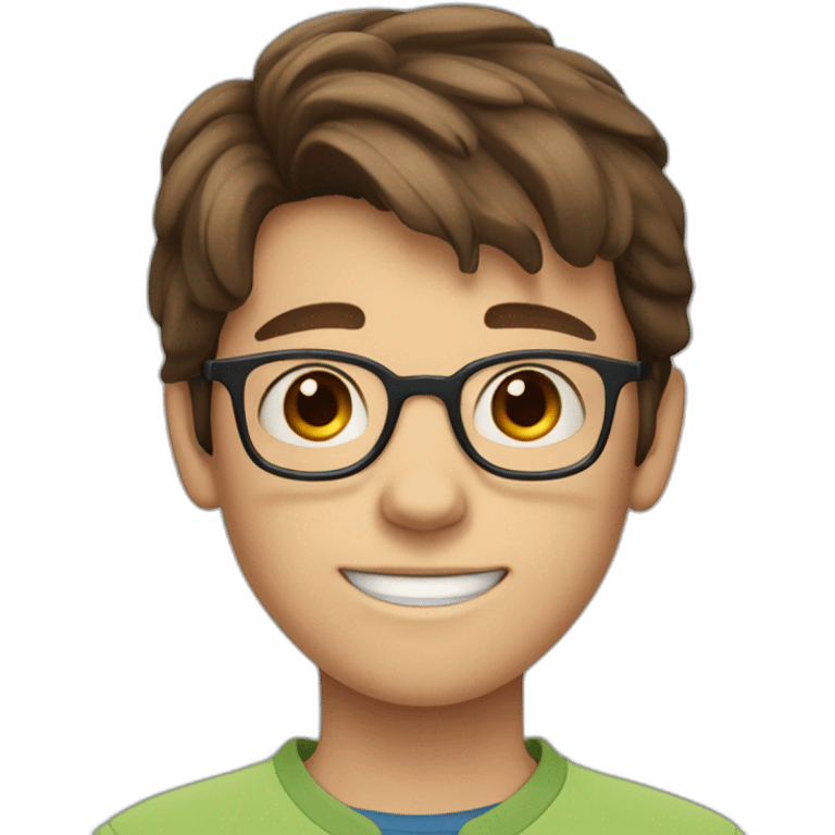 11 year old boy with brown hair and blue eyes with glasses as a fortnight charater emoji