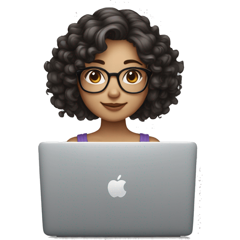 Cute white skin girl with long curly dark hair, glasses, and apple laptop emoji