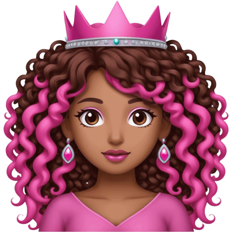 Brown girl diva long curly hair with pink crown emoji