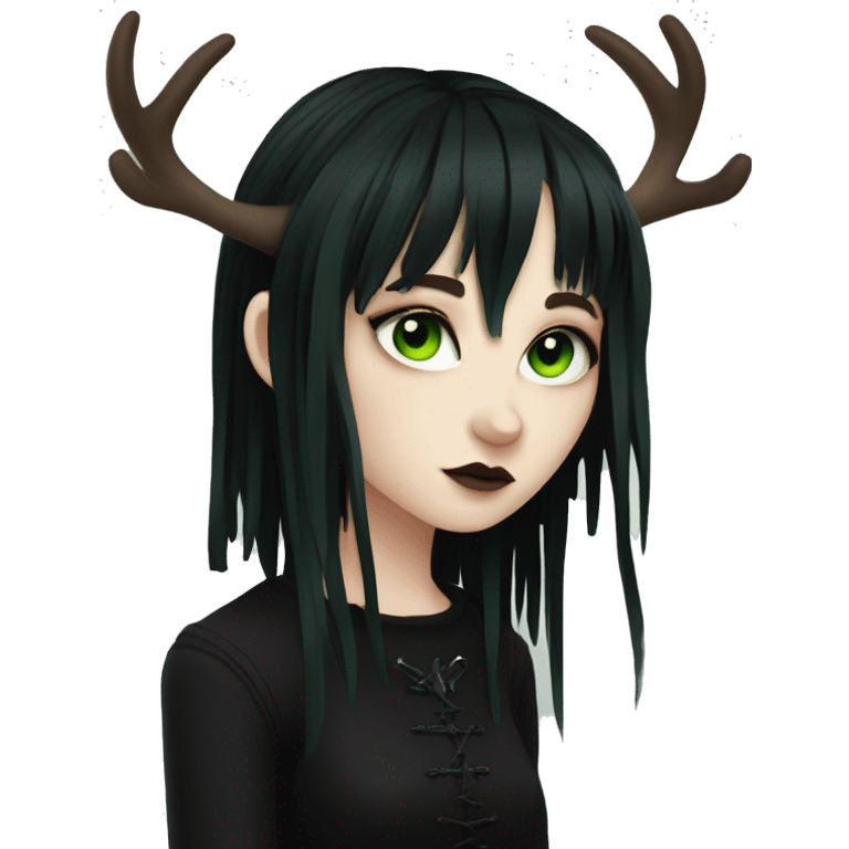 gothic girl, pale skin, green eyes, black dreads, bangs, black clothes, eyeliner, deer antlers  emoji