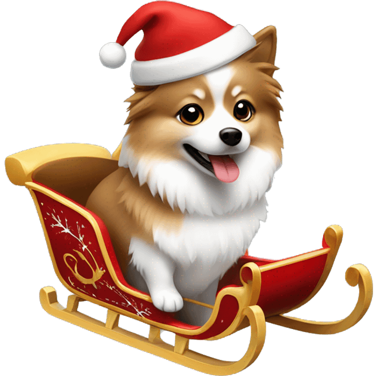 Brown and white German spitz wearing a Santa hat and riding a sleigh  emoji