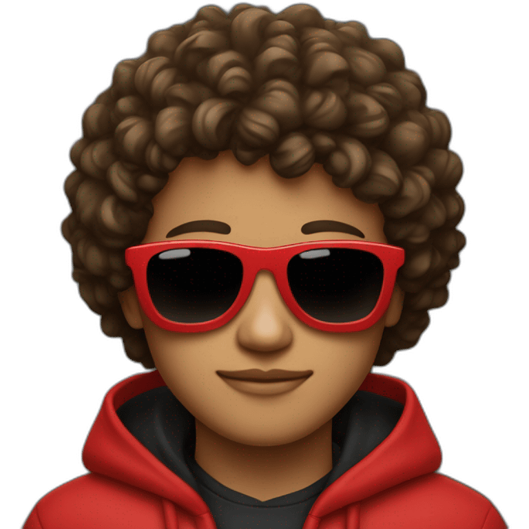 Square-jawed boy with curly hair and black sunglasses red hoodie emoji