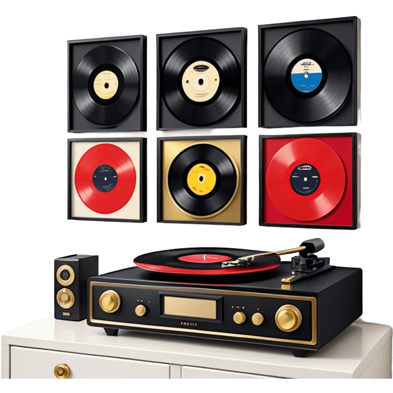 Icon for Vinyl Record Collecting: large black, golden and red vinyl records in decorative packaging featuring artist images, neatly arranged on a wall or shelf, modern vinyl record player. The icon should reflect the aesthetic and artistic aspect of collecting vinyl records. Transparent background. emoji