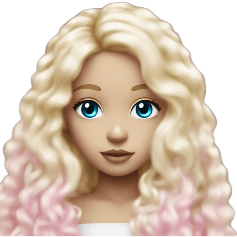 ocean blue doll eyes, blonde glowing silky long hair, girl, feminine, fragile, pink, angelic, in love emoji