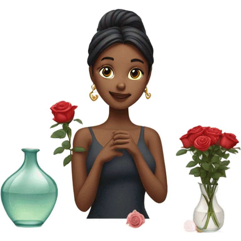 Hyper Realistic beautiful woman model with a small rose tattoo arranging flowers in a vase emoji