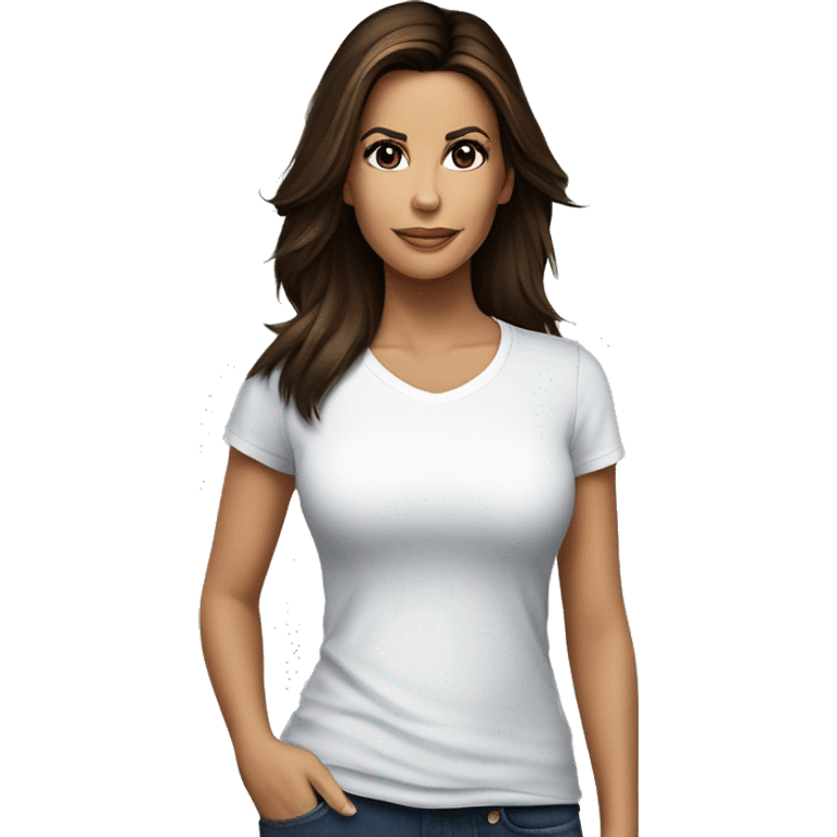 3/4 face, contrasted, shadow, light, Eva Longoria expression, standing, thin nose, brunette woman, hazel eyes, long eyelashes, dark shoulder shaded hair, white t-shirt, jeans, white sneakers emoji