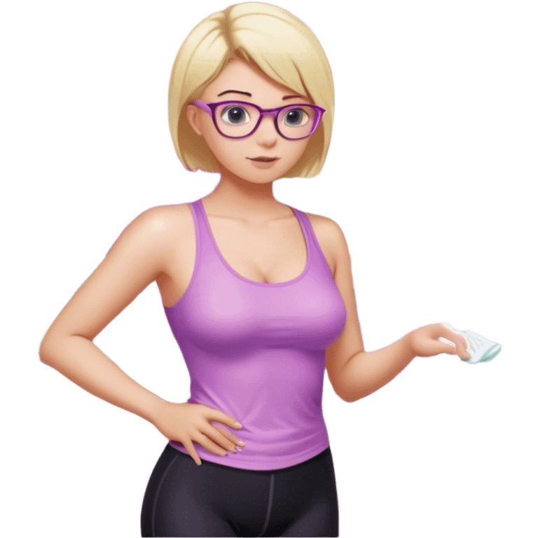 Thick fair skinned woman, short blond hair, small light purple reading glasses, washing dishes, SFW sheer pink tank top, without undergarments showing natural breast shape SFW, black yoga pants, thick booty emoji