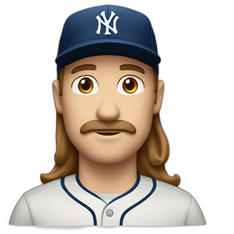 white man with brown long hair and ny baseball cap and mustache emoji