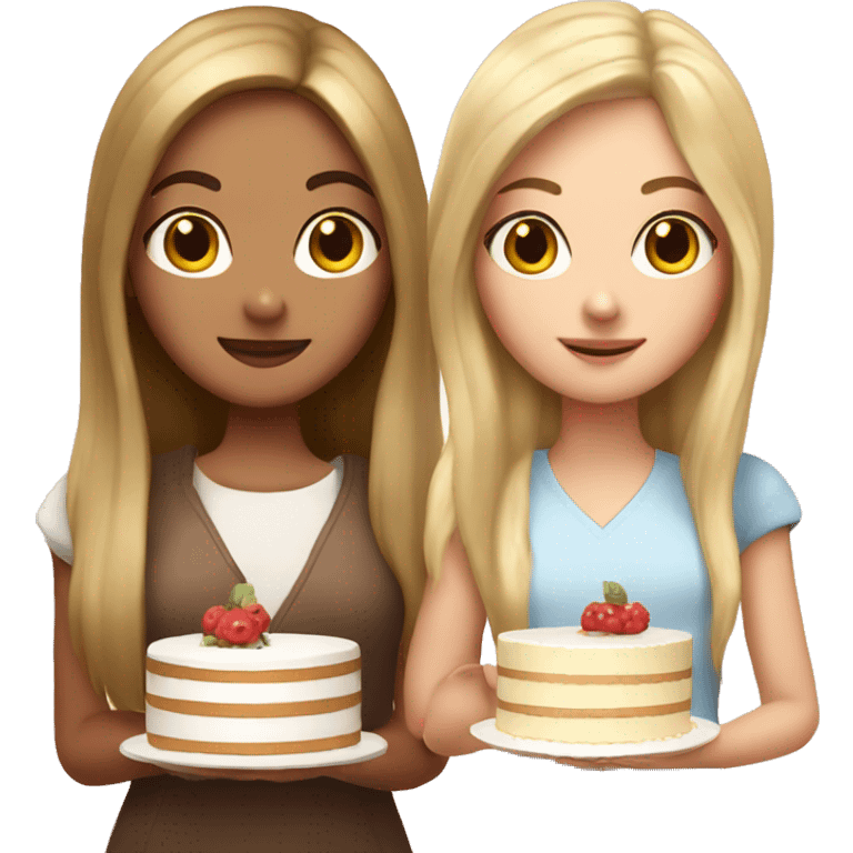 Girl with long blond hair and russian girl with brown straight hair together holding big white cake emoji