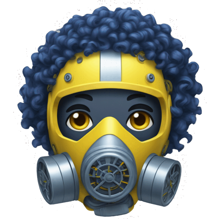 Dark Blue curly hair cyborg head with yellow respirator mask and circuitry emoji