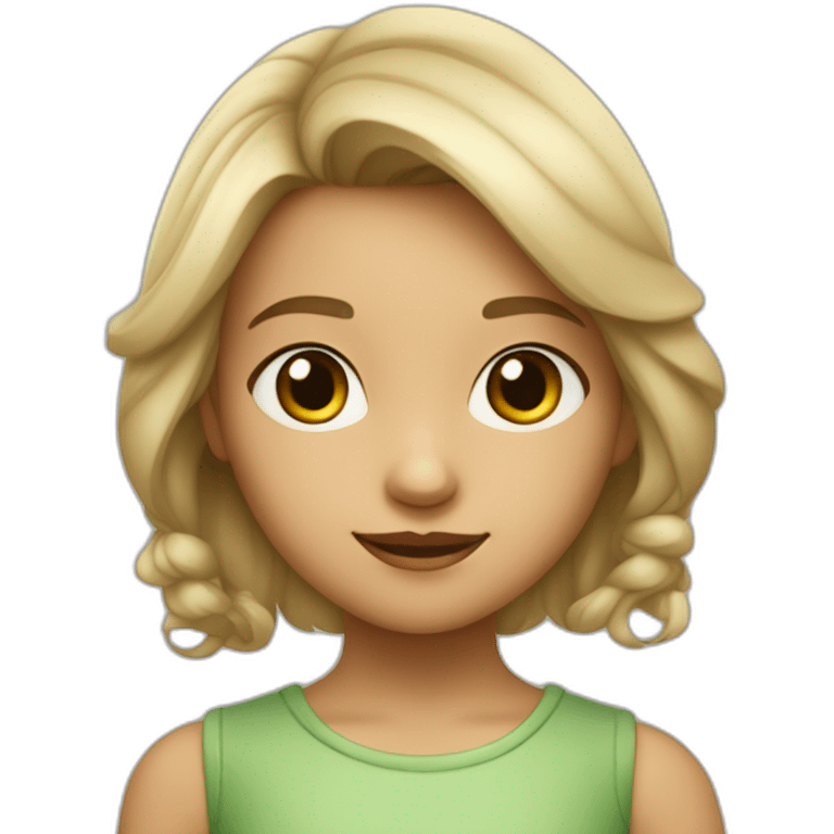 Niña 8 años castaña claro, ojos verdes con coleta y perro blanco estilo pixar emoji