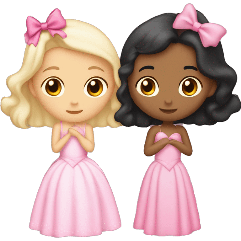 Two girls kissing , one girl is lightly Indian skinned with black hair and a pink bow she also has a pink princess dress the other girl is white skinned with brown hair and a bow and she wears a pink princess dress  emoji