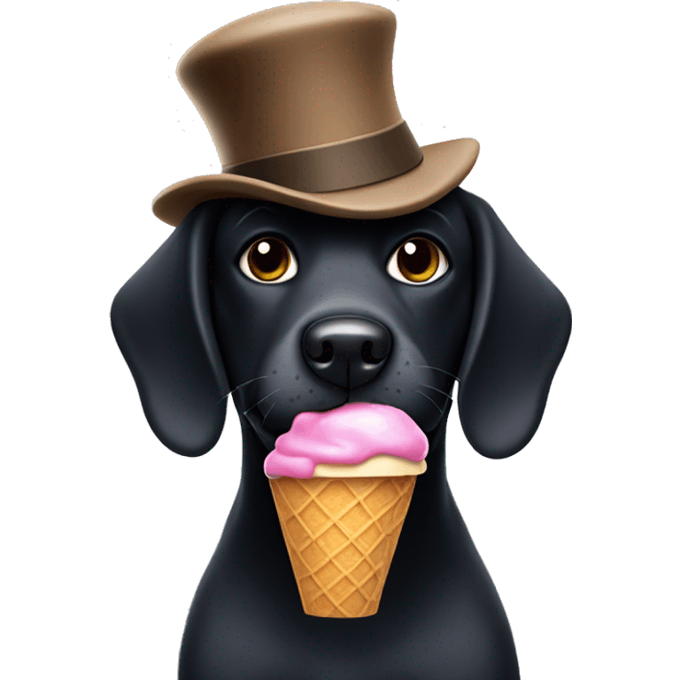 Black dog eating ice cream with hat on emoji