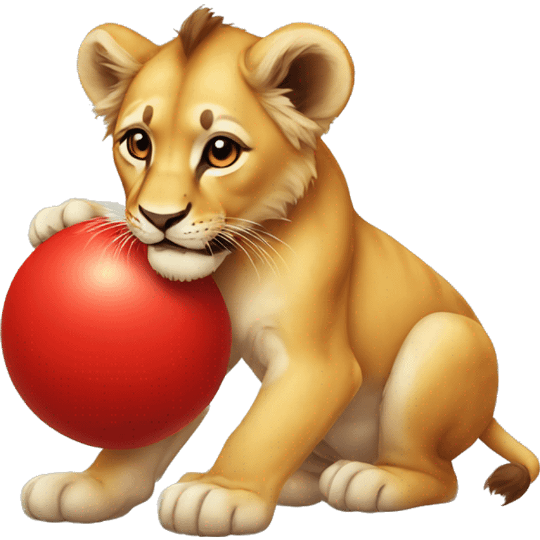 lion cub playing with a red ball emoji