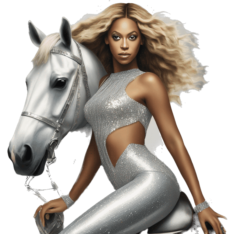 beyonce wearing silver crystal leotard sitting on silver horse renaissance album cover emoji