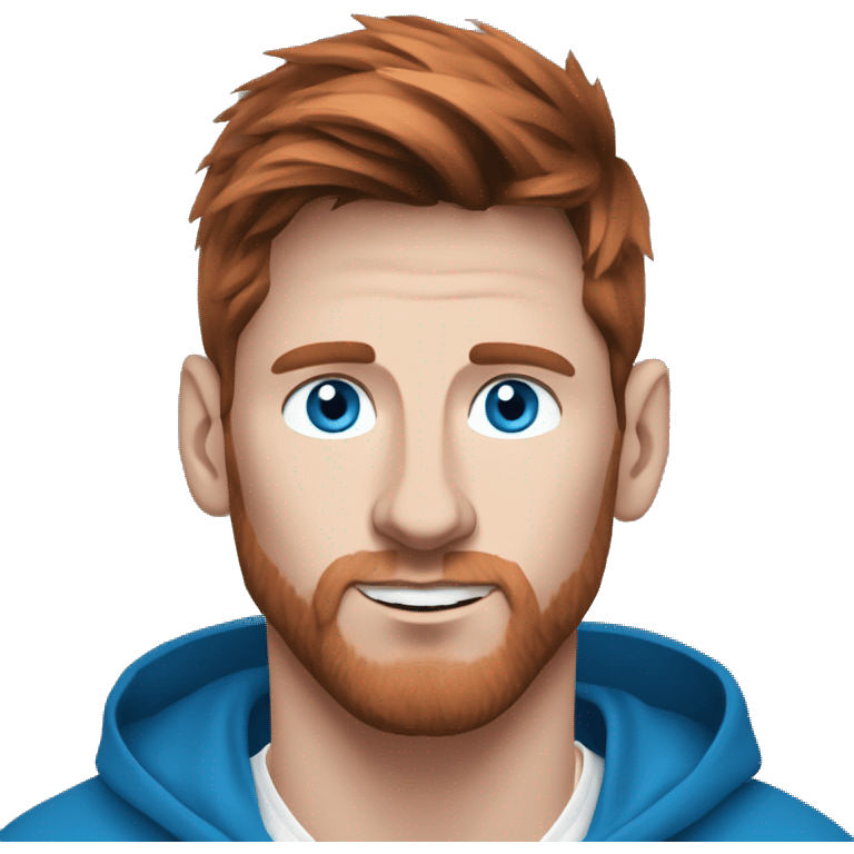 messi with a blue goat, blue eyes, puma hoodie, reddish hair emoji