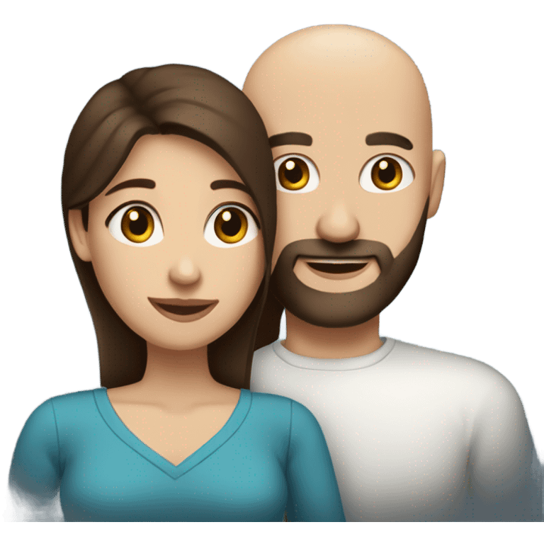 dark brown haired woman with blue eyes hugging bald man with beard emoji