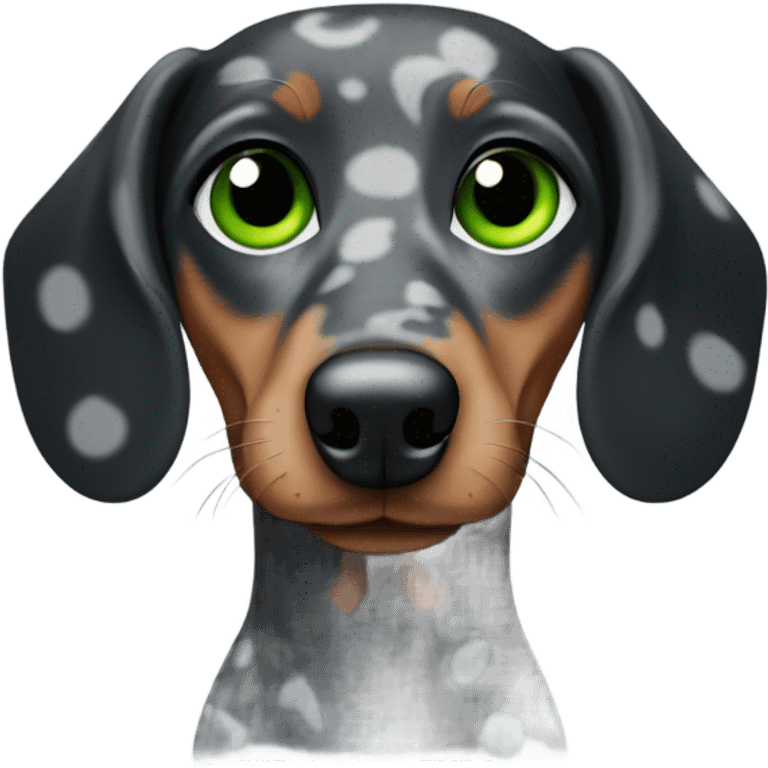 A black and grey Spotted dachshund with a blue and a Green eye  emoji