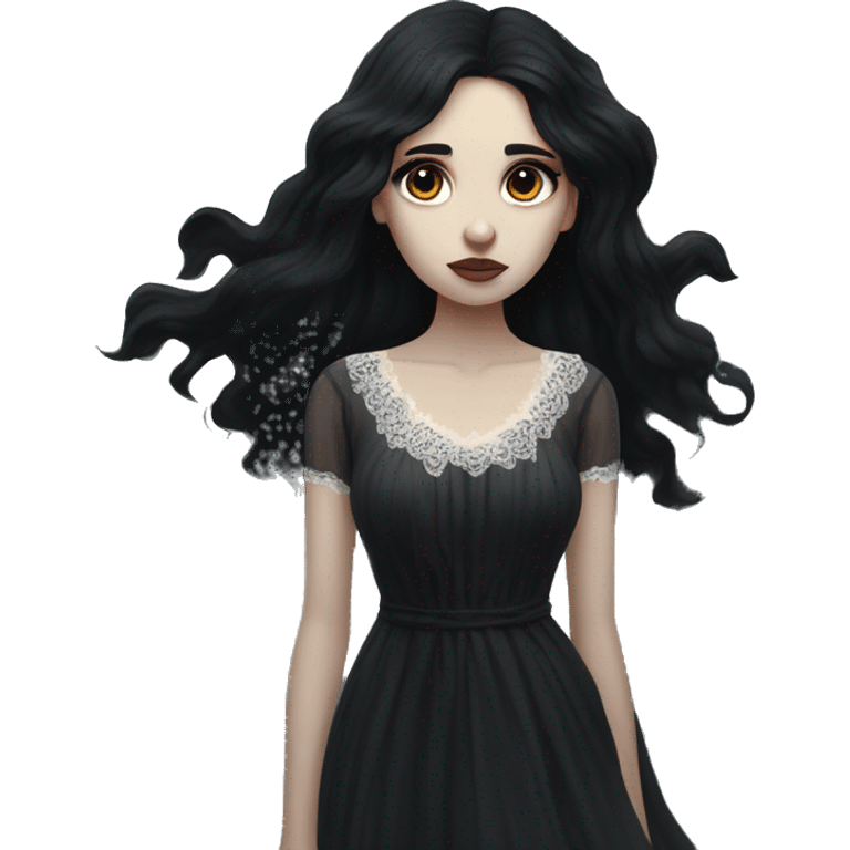 Dramatic girl  very pale with dark lighting  with black hair  in river with very very long lace dress  black long hair flying in the wind sad face  white eyes emoji