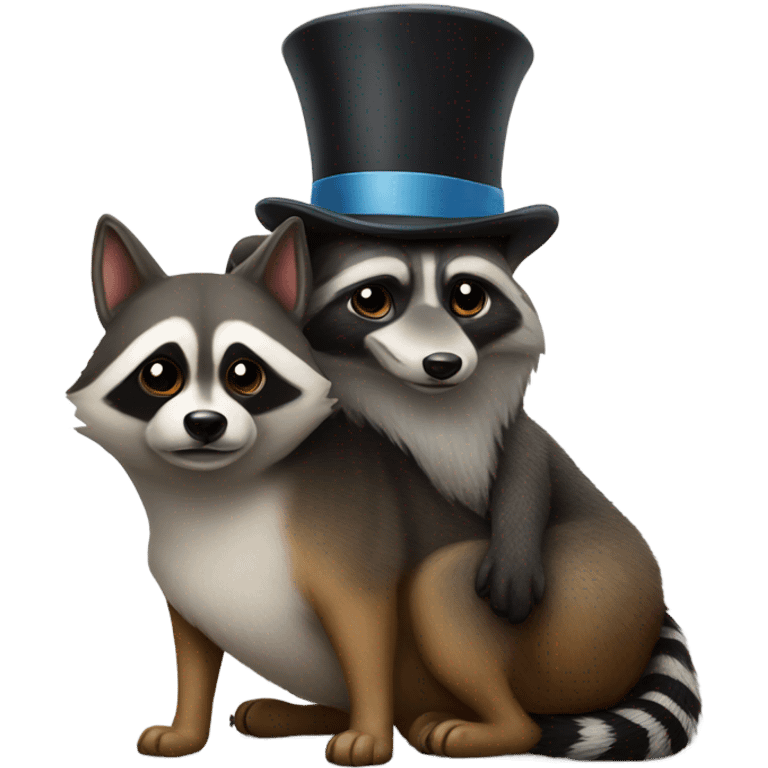 Dog on the back of a raccoon wearing a top hat emoji