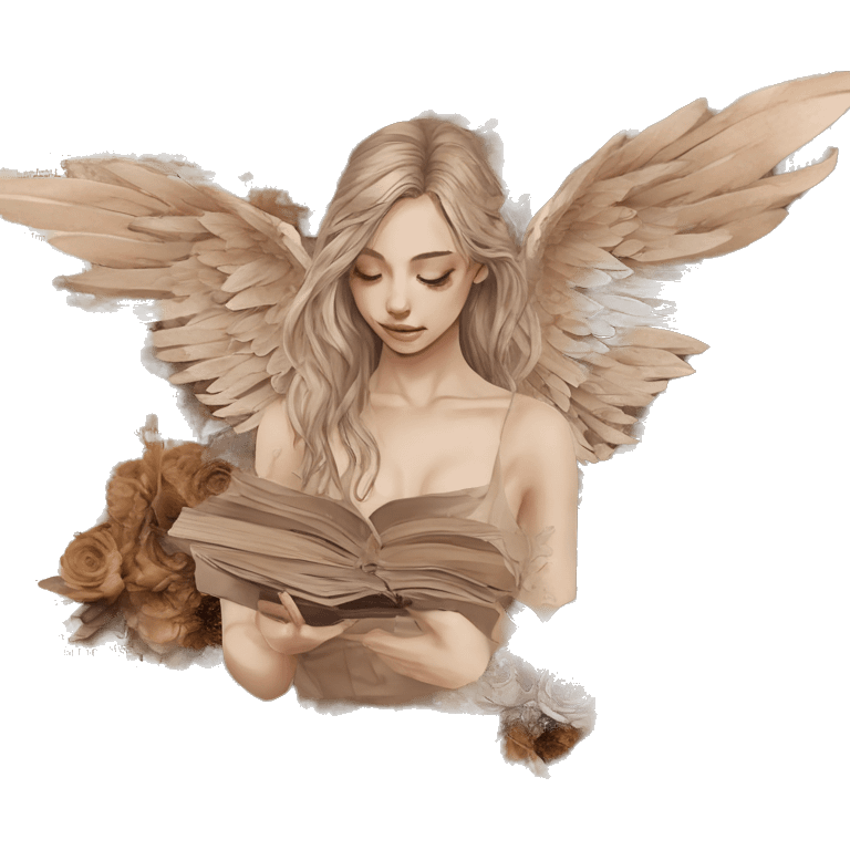 Library book bookworm academia aesthetic beige angel broken angel fallen angel tattoos with broken wing damaged wing torn wing, made of newspaper cuttings and dried flowers brown flowers emoji