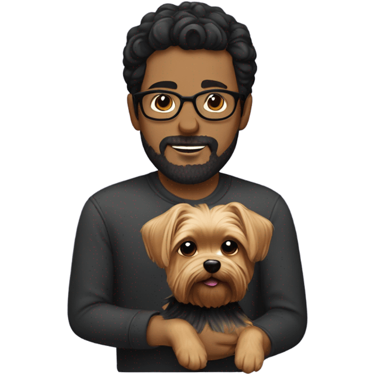 Dark haired guy with facial hair and glasses holding a yorkie  emoji