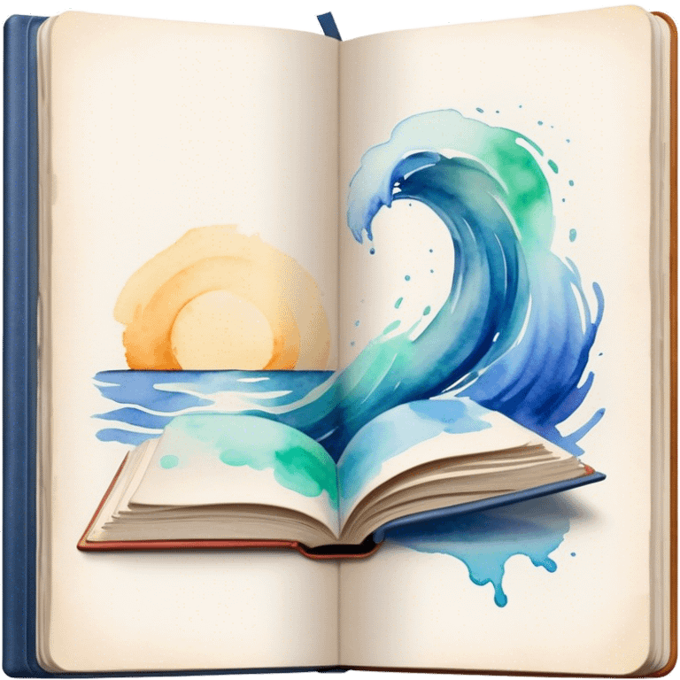 Cinematic Realistic image of an open sketchbook accompanied by a set of translucent watercolors, with delicate pigment stains and soft, flowing brushstrokes, captured under gentle, diffused lighting that highlights creative fluidity emoji