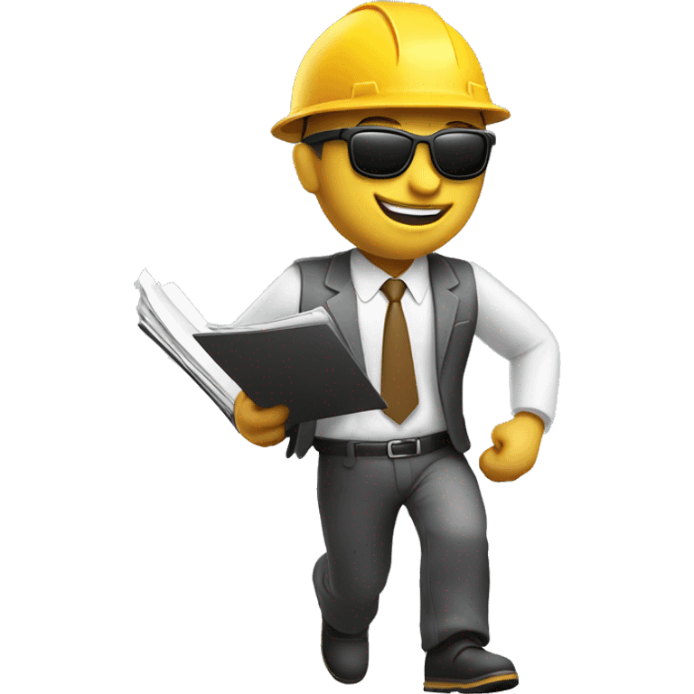 Tan Engineer with suit and hard hat white holding folder smiling and running and shades and safety jacket emoji