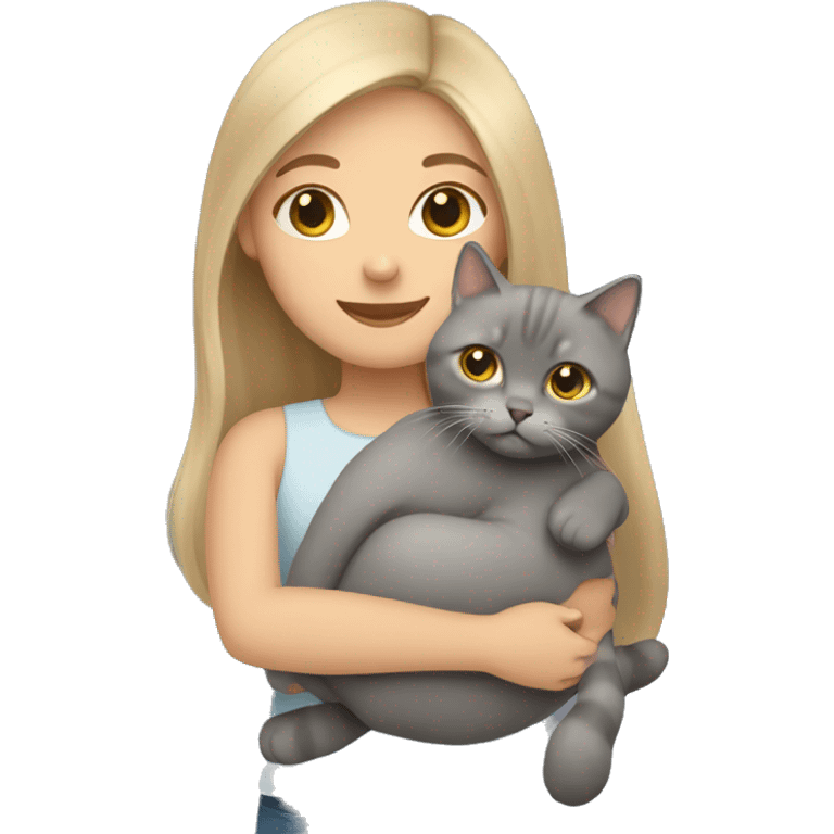 Girl with long dark blonde hair hugging a British shorthair cat emoji