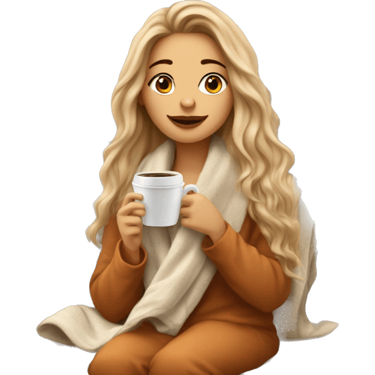 Auburn long haired girl in with a blanket and a latté coffe emoji