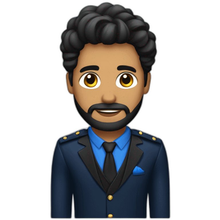 Hombre con cabello y barba negro con traje azul marino camisa negra brazos cruzados emoji