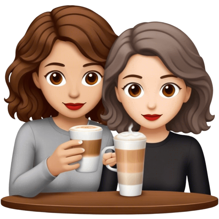 puerto rican woman light skin with shoulder-length, wavy, brown hair drinking latte with pale jewish woman with short, red gray, very straight hair drinking espresso at table emoji