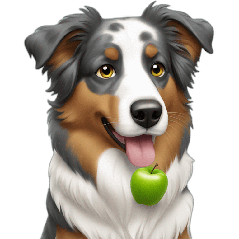 Australian shepherd eating a green Apple emoji