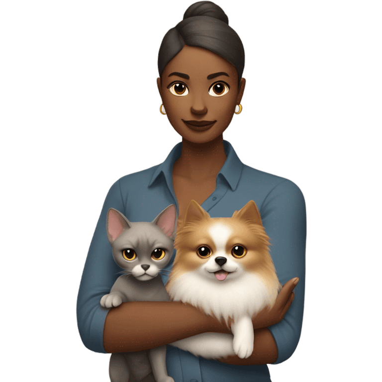 Woman in the right arm is holding a sphinx grey cat and in the left arm holding a Pomeranian dog emoji