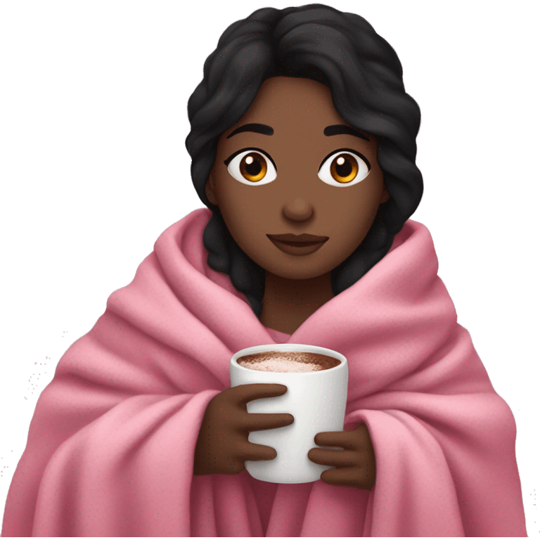 black haired girl snuggled up in a pink blanket drinking hot chocolate  emoji