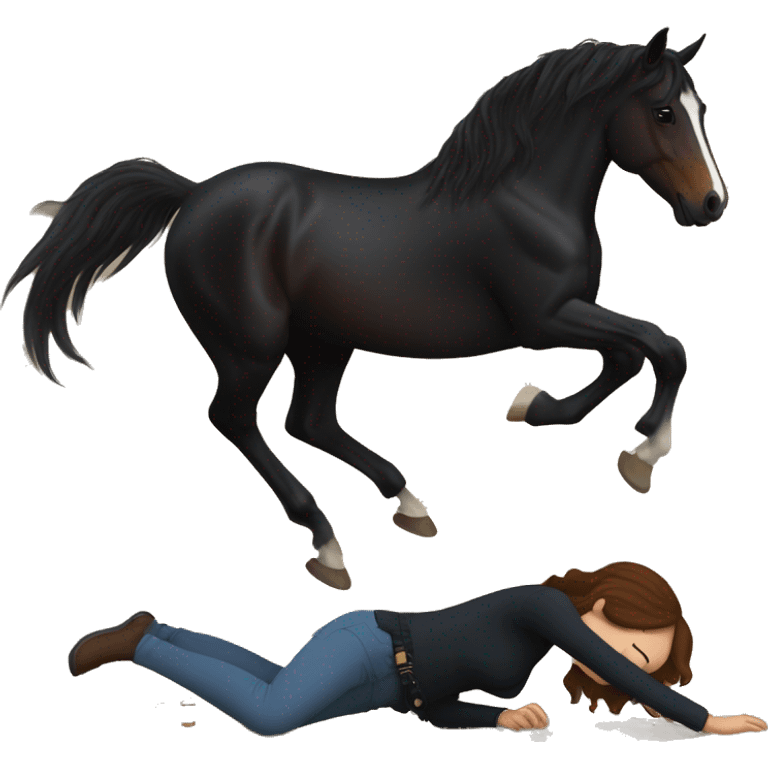 The girl with brown hair is falling on the ground. The black horse is standing emoji