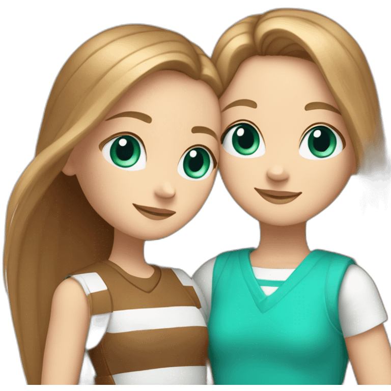 One white girl with long straight light brown hair and turquoise eyes hug girl with a brown square and white stripes near the ears emoji