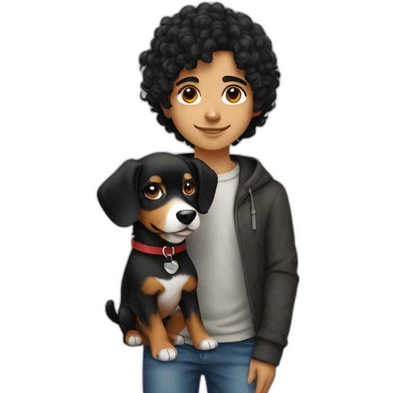 Young russian programmer with curly black hair with dog Entlebucher zennenhund emoji