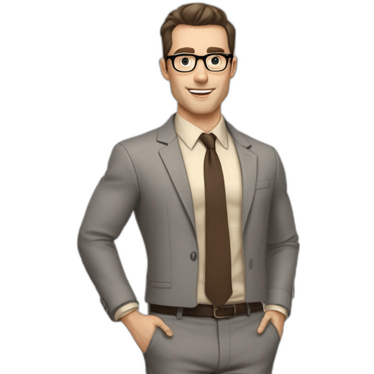 Pale skinned fit man with dark brown hair in gray jacket, beige office shirt, brown tie, brown pants and vintage glasses Writing text on a marker board emoji