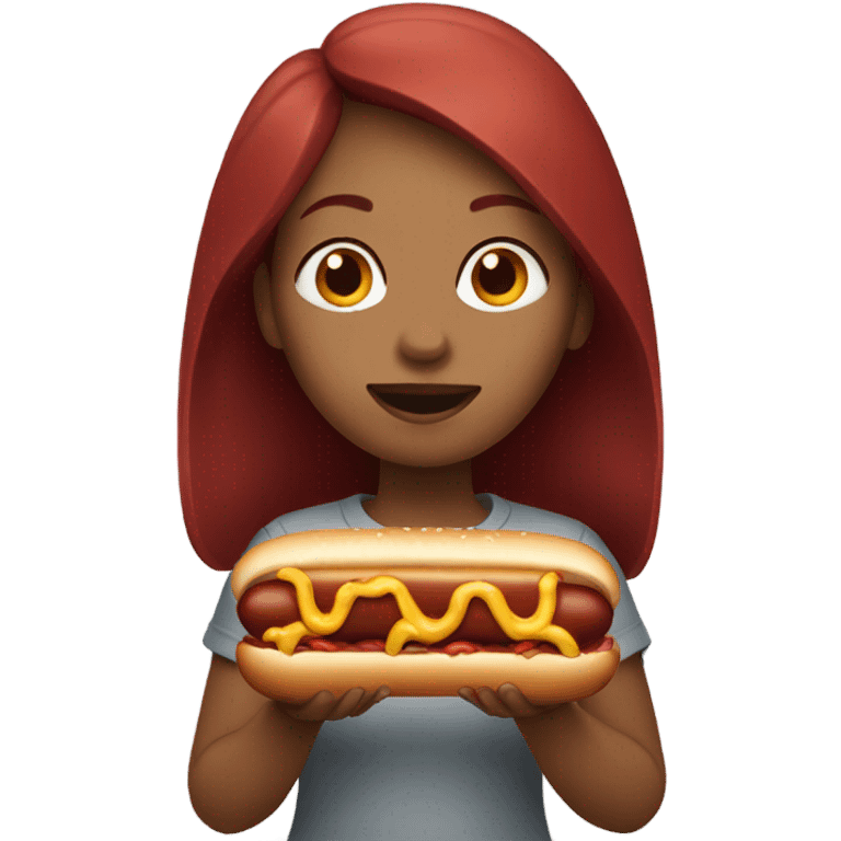 Girl with dark red hair eating a hotdog emoji