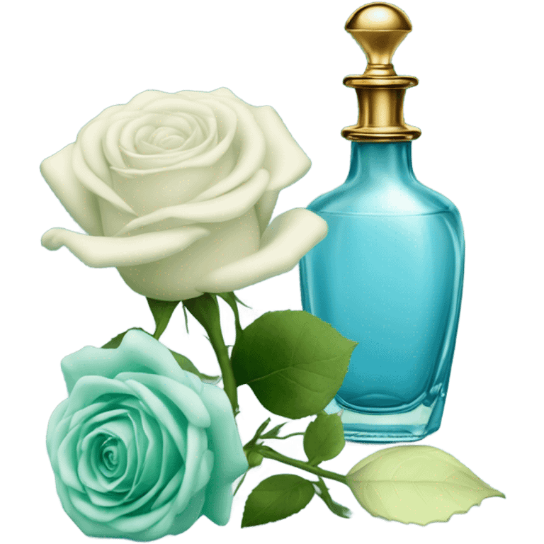 Aesthetic composition of soft blue roses with a vintage-style green  perfume bottle.
 emoji