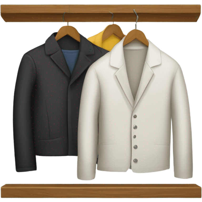 Design an emoji-style icon of an open wardrobe with clothes hanging inside. Include details like a wooden frame, hangers, and only black or white different clothing items such as shirts or any other clothing . Use a clean and minimalistic design. emoji