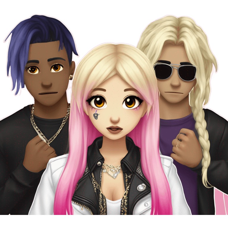 blonde and pink hair pale hime gyaru girl, hot pink and yellow split-dyed hair, nose ring, elf ears, dark makeup, punk clothes standing next to three diffrent men praying  emoji