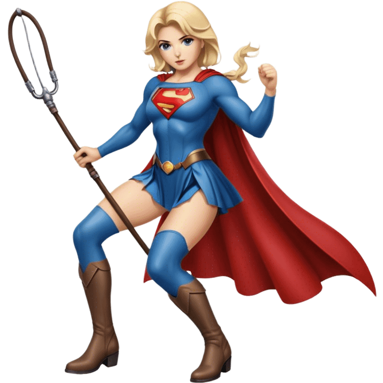 A stunning female Superman with blonde hair, leather boots and a whip in her hand. emoji