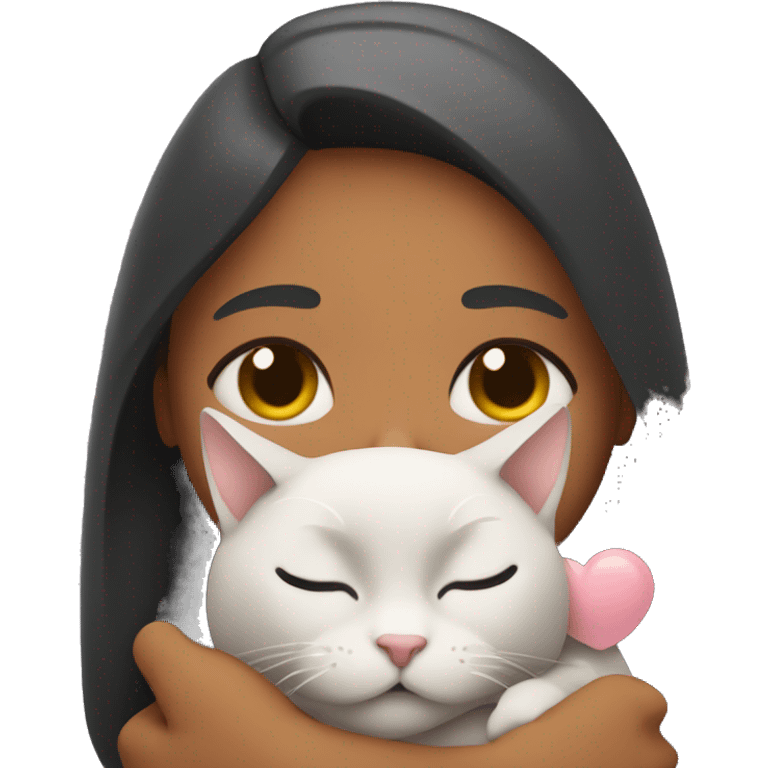 A woman eyes closed holding cat also eyes closed with a heart emoji